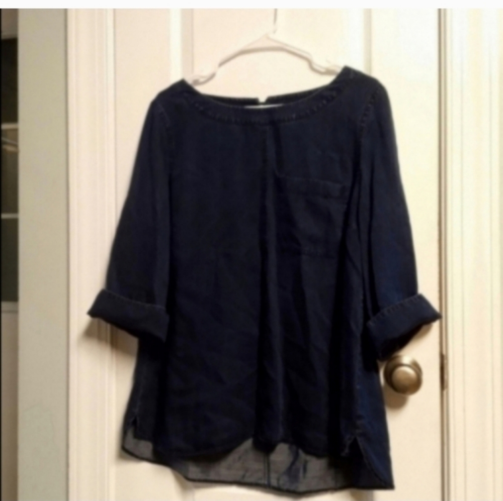 Soft Surroundings Women's L Navy Blue Top 3/4 Sleeve Pocket Soft Hi Lo Hem